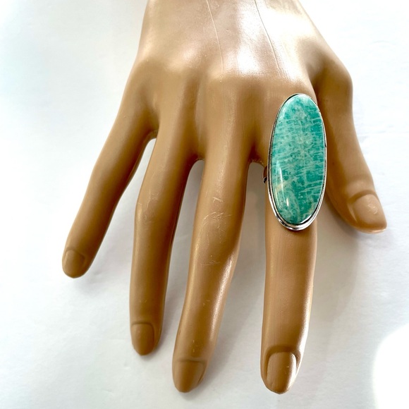 Amazonite Long Pale Green Gemstone Ring 6.5 - Picture 2 of 7